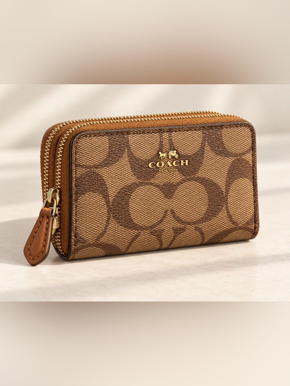 Coach Signature Double Zip Mini Wallet Brown Tan Gold | Quiet luxury Old Money